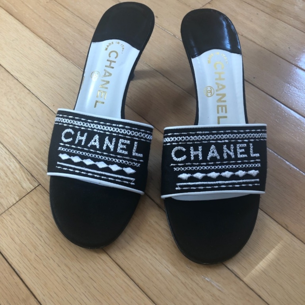 CHANEL Black Embroidered Logo Sandal Heels
